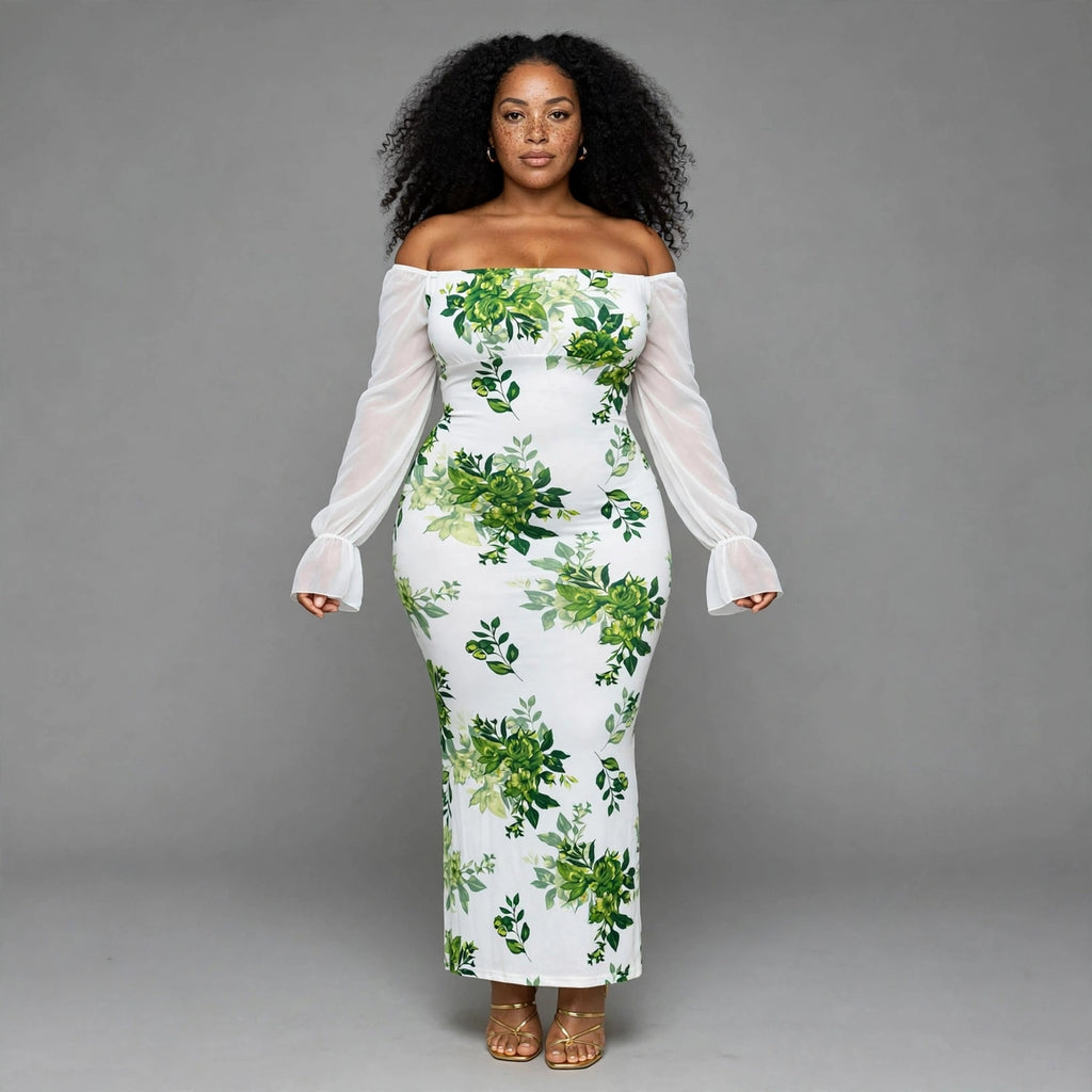 Plus size white green floral off shoulder bodycon maxi dress with sheer sleeves - wedding guest dress SA - Smollz