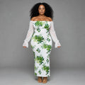 Plus size white green floral off shoulder bodycon maxi dress with sheer sleeves - wedding guest dress SA - Smollz