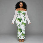 Plus size white green floral off shoulder bodycon maxi dress with sheer sleeves - wedding guest dress SA - Smollz