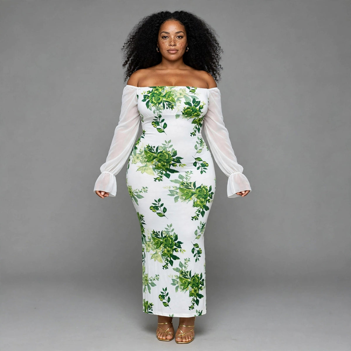Plus size white green floral off shoulder bodycon maxi dress with sheer sleeves - wedding guest dress SA - Smollz