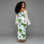 Plus size white green floral off shoulder bodycon maxi dress with sheer sleeves - wedding guest dress SA - Smollz