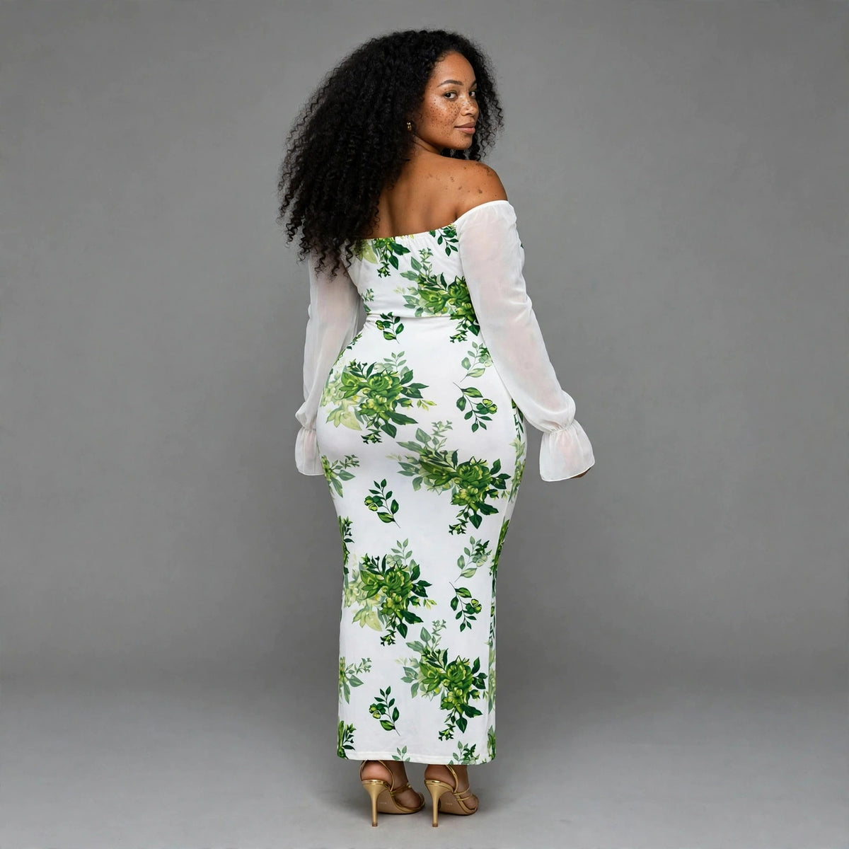 Plus size white green floral off shoulder bodycon maxi dress with sheer sleeves - wedding guest dress SA - Smollz